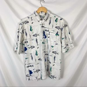 Columbia White With Fish Print Button Down Sz S